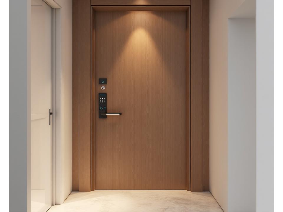 Sleek smart wooden door with integrated biometric scanner and minimalist design in a modern apartment foyer